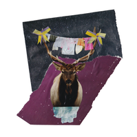 Analog collage of a deer with laundry hung off a string between its antlers with one yellow bow tie on.