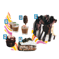 Analog collage of five different chocolate related desserts (chocolate pudding, popsicle, donut, cupcake and cake) with a number identification next to it. Pink irregular wavy patterns are placed in the background.