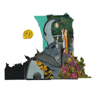 Analog collage of a silhouette of a person with nature landscapes in the background.