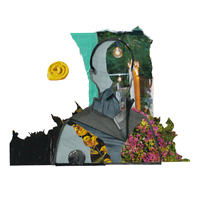 Analog collage of a silhouette of a person with nature landscapes in the background.