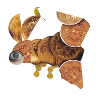 Analog collage of various gold coins arranged to look like an insect with a small bird perching on the top.