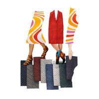  Analog collage of three different legs wearing sandals, cowboy boots, and ballerina flat stepping on a horizontal row of towels.