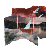 Analog collage of a boat with a white sail made from a map with three organic strips of dark landscapes as background. Two silhouetted birds made from map appear on the top right of the image.