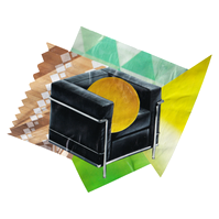 Analog collage of a black square chair with a yellow circle in the middle and sharp straight shapes overlapping in the background.