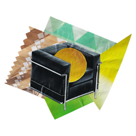Analog collage of a black square chair with a yellow circle in the middle and sharp straight shapes overlapping in the background.