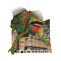 Analog collage of a giant lizard with one closed human eye and a red clown nose hugging a building much smaller in scale.