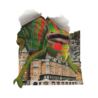Analog collage of a giant lizard with one closed human eye and a red clown nose hugging a building much smaller in scale.