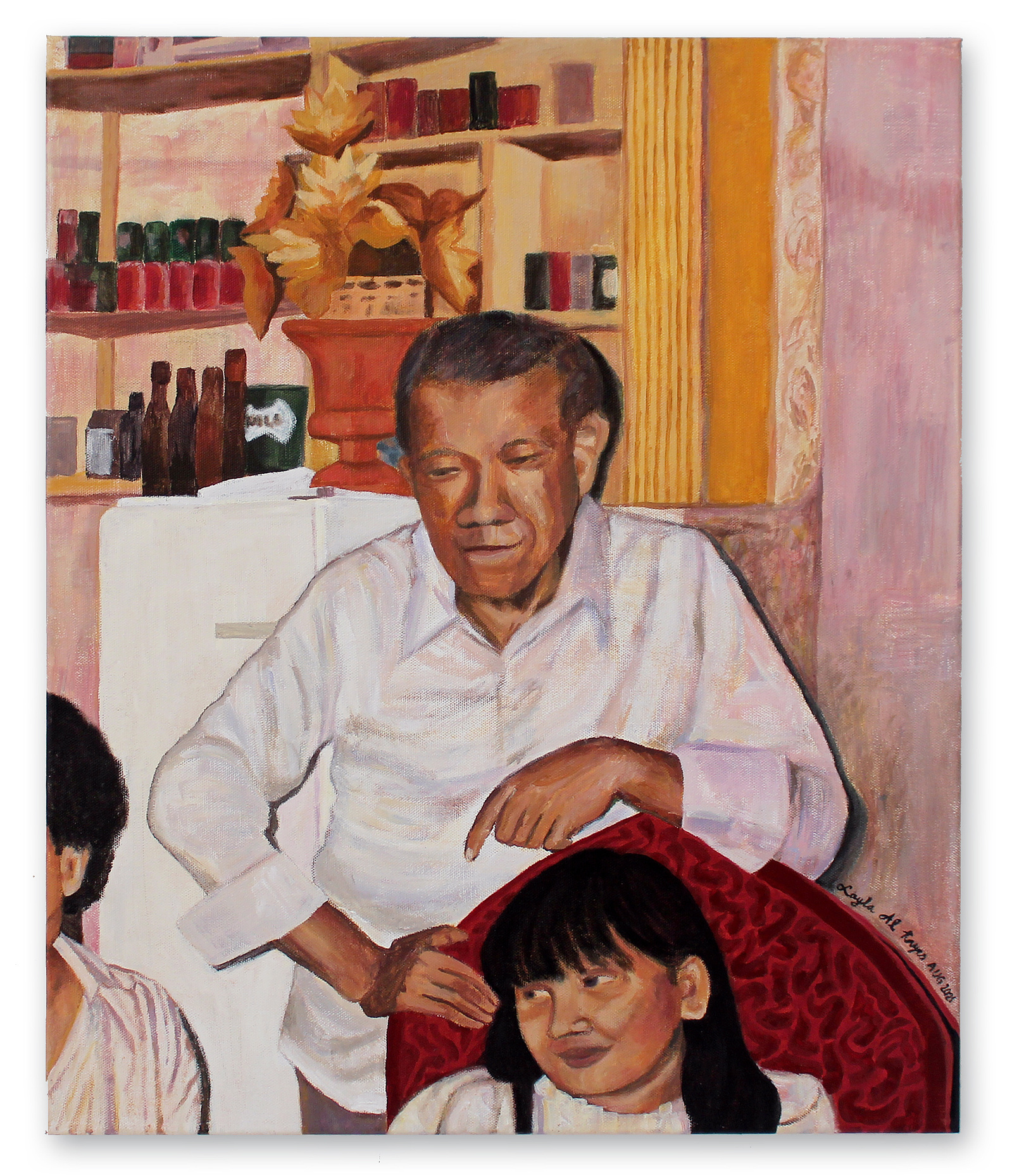 'Kontento' by Layla Al Rayes
Part of the 'SAMA-SAMA' Series
An elderly figure happily watches his family eat with pure content. Eating is treated as a social affair. Togetherness especially in mealtimes is very important in the Filipino home.