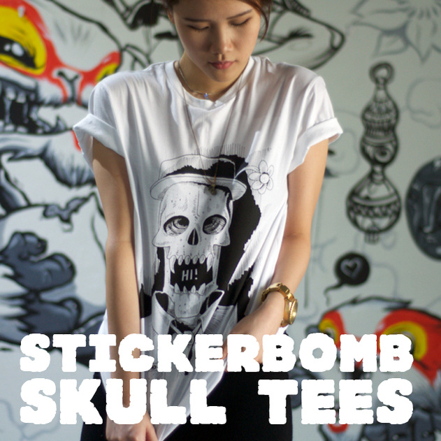 Female Singaporean model wearing a Micke Nikander jolly skull teeshirt with the words Sickerbomb Skull Tees
