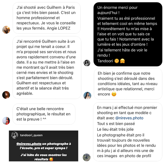 Retours Instagram concernant les shootings photo avec le photographe Guilhem Grosso