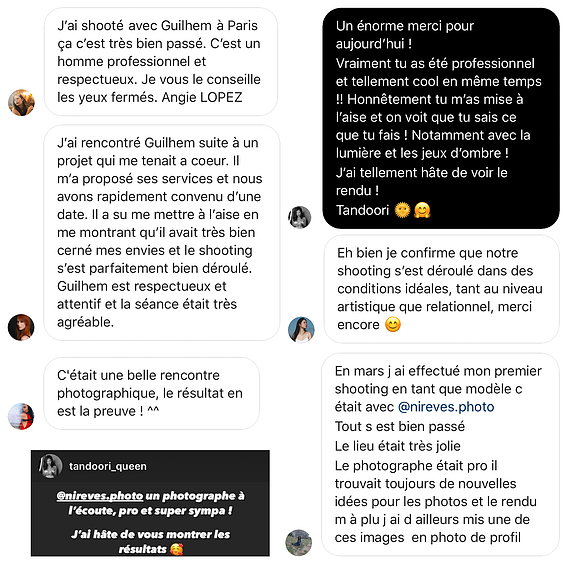 Retours Instagram concernant les shootings photo avec le photographe Guilhem Grosso