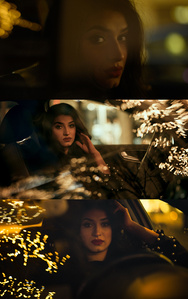 Trois portraits d&#x27;une jeune femme brune au milieu de reflets lumineux des décorations de Noël 