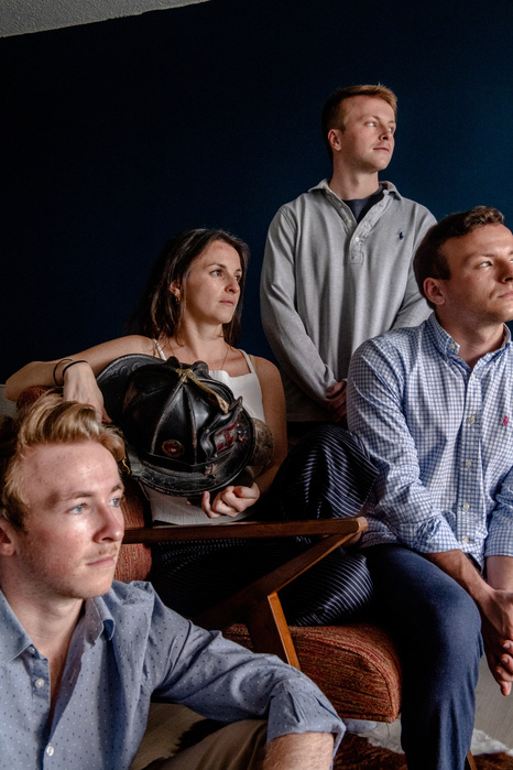 NEW YORK, NEW YORK- JUNE 29, 2021: Bridget Gormley, 30, poses for a portrait with her brothers Billy, Kevin and Ray Gormley, all 22. The siblings lost their father, Billy Gormley, in 2017 to bladder cancer that spread to his lungs. Mr. Gormley was a first