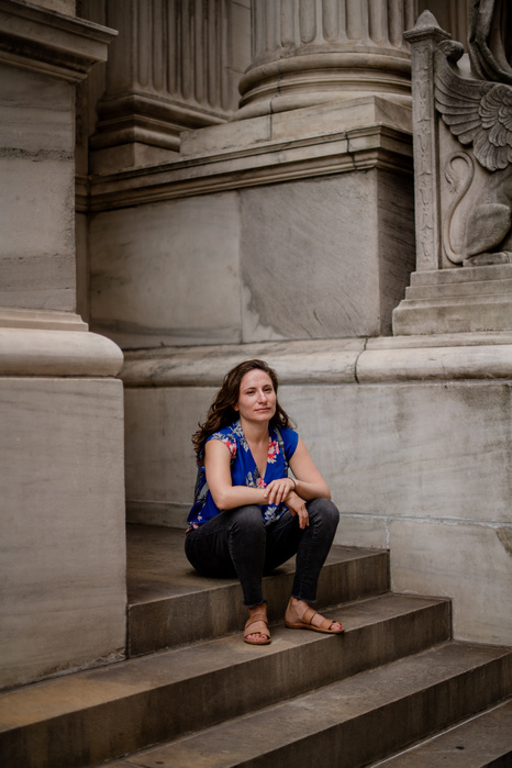 NEW YORK, NEW YORK- AUGUST 20, 2021: Lila Nordstrom, 37, poses for a portrait at Madison Square Park on Friday. Nordstrom was a senior at Stuyvesant High School when 9/11 happened. She and her fellow students returned to the school on October 9th and wer