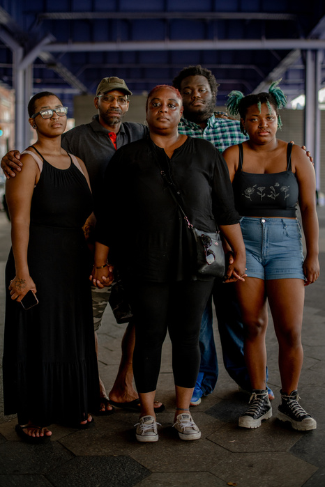 MANHATTAN, NEW YORK- AUGUST 12, 2021: Mariama James poses for a portrait with her husband, David, and children, Abishai, 28, Armani, 25, Aijah, 19, in lower Manhattan near their apartment located five blocks from ground zero. The three James children have