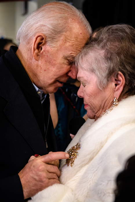 MUSCATINE, IOWA– JANUARY 28, 2020: NYTIOWA Joe Biden speaks with Esther Dean about the pain of losing a son at the end of a community event on Tuesday at the Riverview Center a week before the Iowa Caucus.