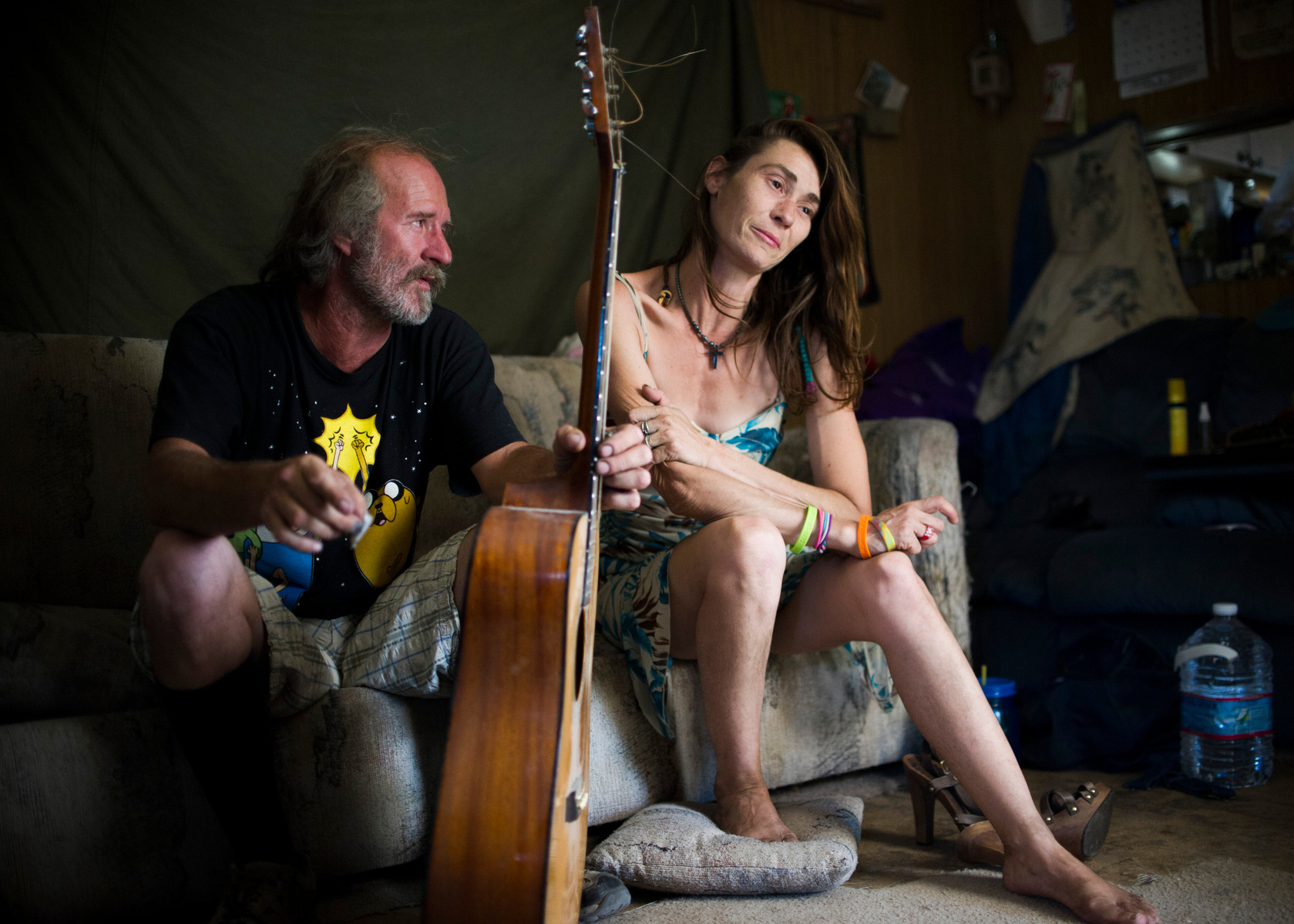 Ben Morofsky and Moria Sue Clark in their trailer in Slab City, Calif. the couple has been together for over 10 years and had two children together. Their two boys along with Moria's first child, Kat, were taken away by Child Protective Services. Although