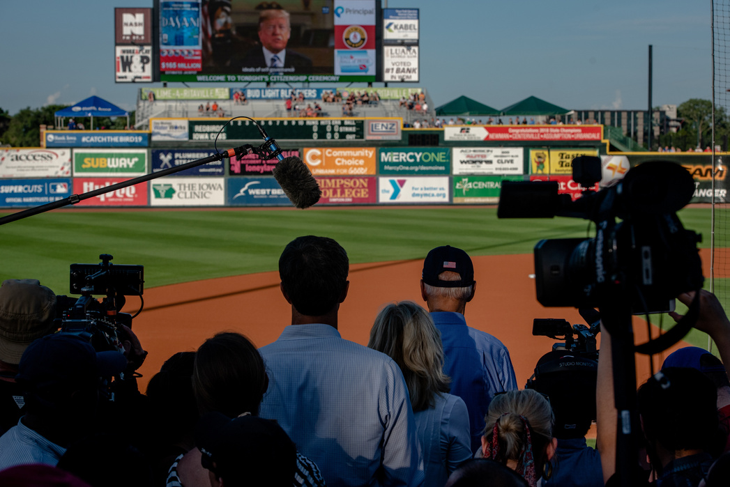 DES MOINES, IOWA-– JULY 4, 2019: Beto O'Rourke and Joe Biden attend an the Iowa Cubs baseball game on Thursday, Independence Day.
