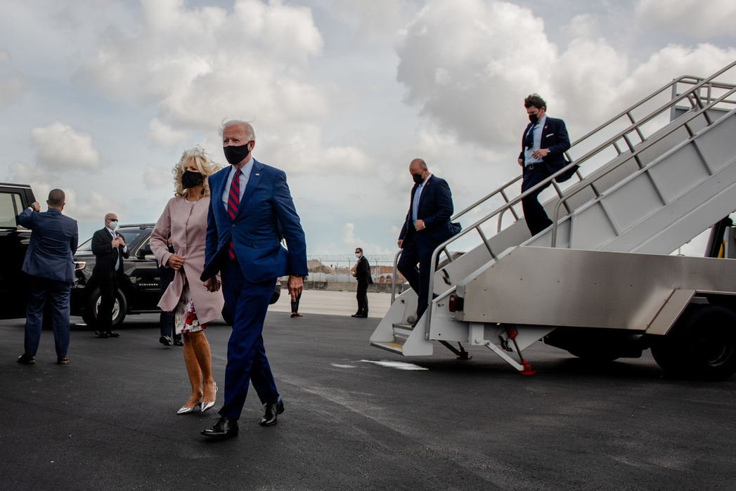 WILMINGTON, DELAWARE- OCTOBER 5, 2020: Former Vice President and Democratic Presidential Nominee Joe Biden and his wife, Dr. Jill Biden arrive in Miami on Monday morning.