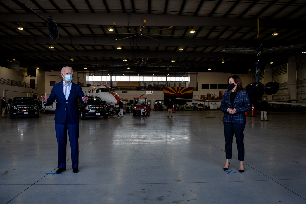 PHOENIX, ARIZONA- OCTOBER 8, 2020: Former Vice President and Democratic Presidential Nominee Joe Biden and his chosen Vice President, Kamala Harris speak in the airplane hanger at Phoenix Sky Harbor International Airport on Thursday.