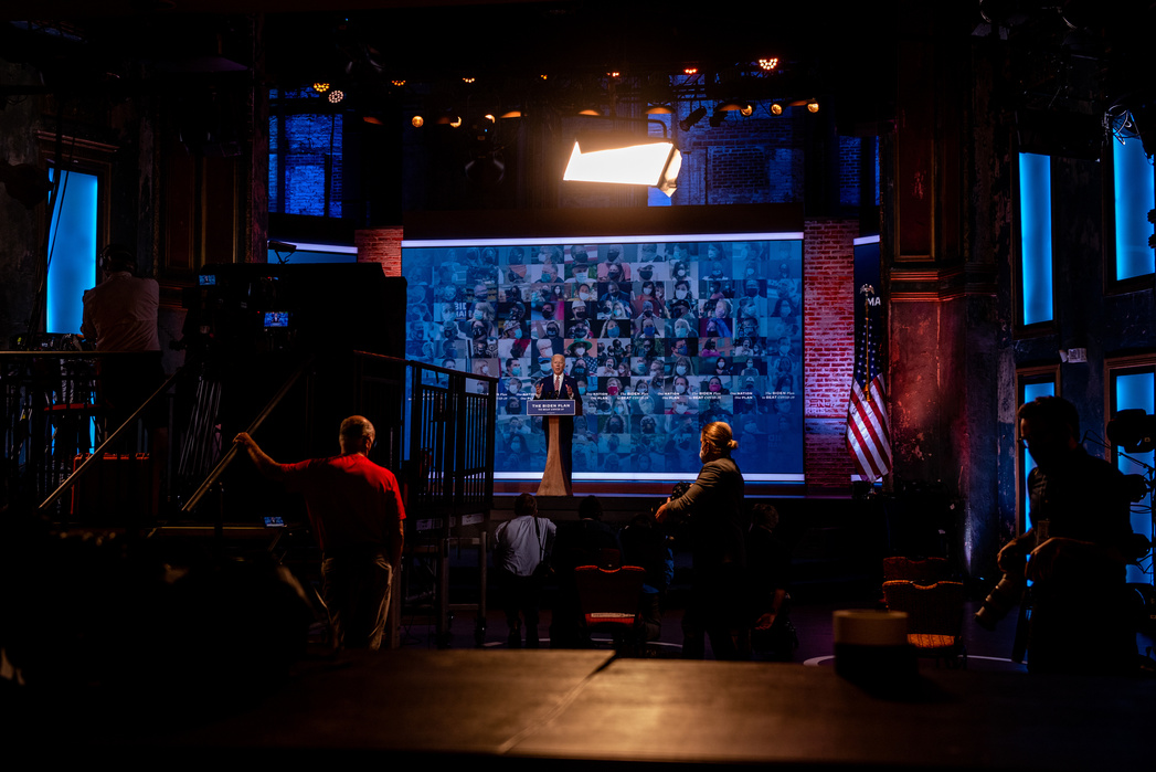 WILMINGTON, DELAWARE- OCTOBER 23, 2020: Former Vice President and Democratic Presidential Nominee Joe Biden speaks at The Queen theater about his plan to beat Covid-19 on Friday, after his final debate with Donald Trump.