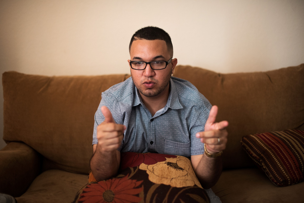 ORLANDO, FLORIDA- JUNE 17, 2016: Simeon Roman was DJing in the main room of Pulse Nightclub when the massacre occured. He hid behind the amplifer and wasn’t found or killed. While talking with a reporter, Roman mimiced the sound of the shooters gun firing