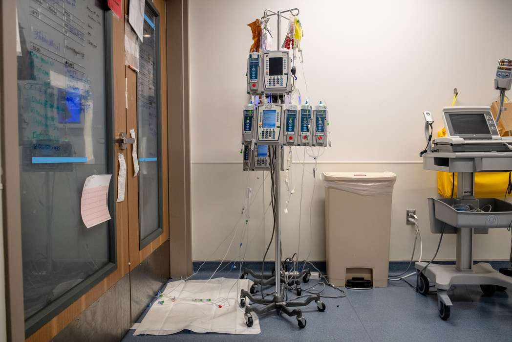 NEW YORK, NEW YORK– APRIL 13, 2020: IV bags set up outside of hospital bedrooms with Covid-19 patients at Mount Sinai Hospital on Monday morning. HOLD FOR SHERI FINK STORY