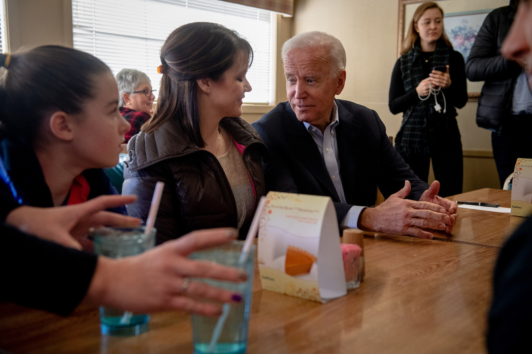EMMETSBURG, IOWA– DECEMBER 1, 2019: Joe Biden sits down to eat with the Alesch family at Kirby's Cafe on his "No Malarkey!" bus tour on Monday. This is Biden's first bus tour of the campaign.