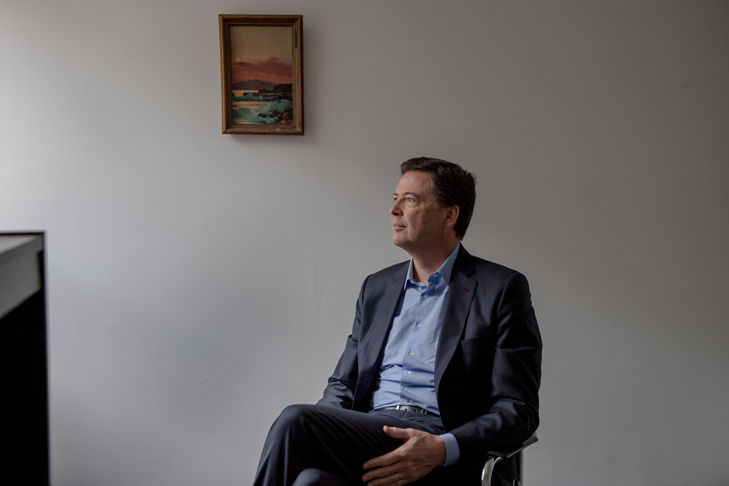 APRIL 17, 2018 - NEW YORK, NEW YORK: Former U.S. FBI Director, James Comey, sits for a portrait in his publishers office in Lower Manhattan on Tuesday.