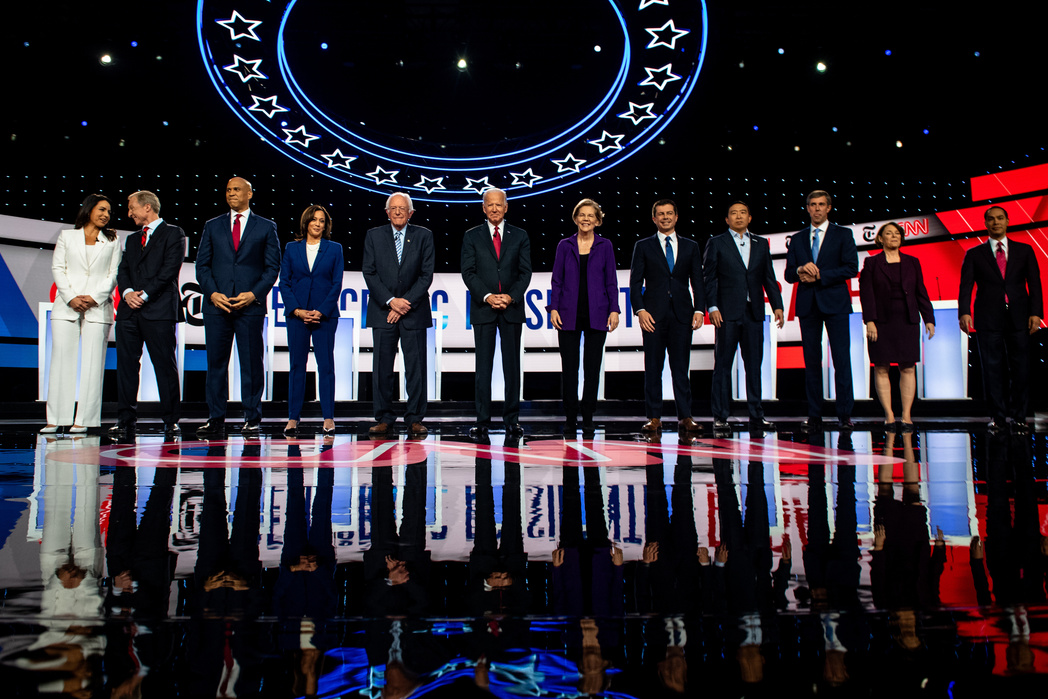 WESTERVILLE, OHIO– OCTOBER 15, 2019: NYTDEBATE Candidates take the stage awaiting the start of the Democratic presidential debate in Westerville, Ohio on Tuesday, October 15, 2019. The debate was hosted by CNN and The New York Times at Otterbein Universi