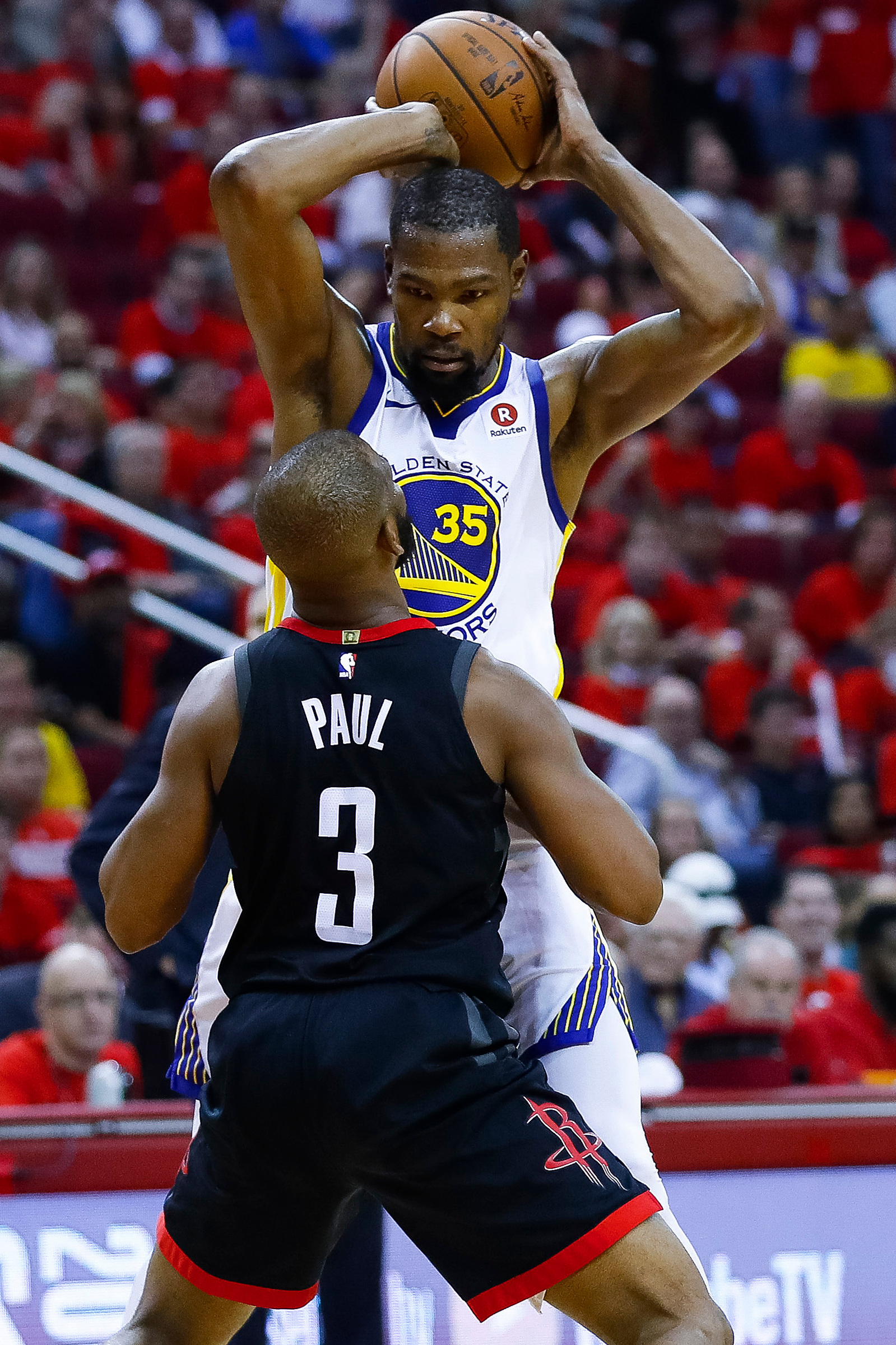 Houston Rockets guard Chris Paul (3) defends Golden State Warriors forward Kevin Durant (35) during the second half of Game 2 of the Western Conference Finals at the Toyota Center, Wednesday, May 16, 2018, in Houston.