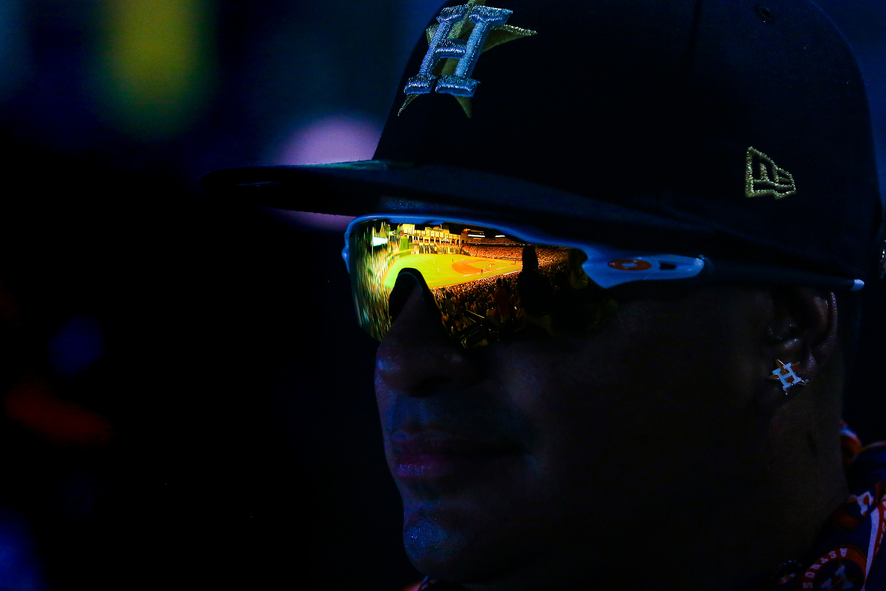 Minute Maid Park reflects in Ruben Cardenas' sunglasses during the Houston Astros home opener against the Baltimore Orioles at Minute Maid Park Monday, April 2, 2018 in Houston. "I love the Astros," Cardenas said. "Ever since I started watching tv I've be