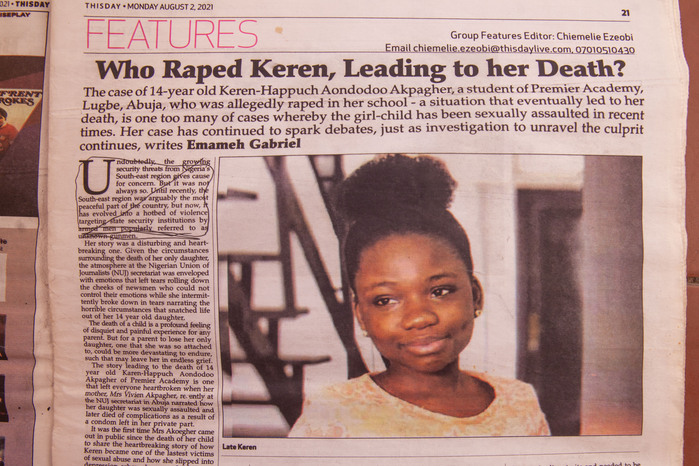 A published page of This Day Newspaper with Keren’s rape case dated August 2 2021.