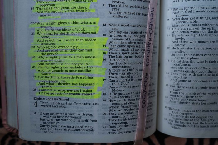 Bible verses marked by Keren shortly before her death, one of the verses reads ‘For the thing I greatly feared as come upon me’ Job 3v25