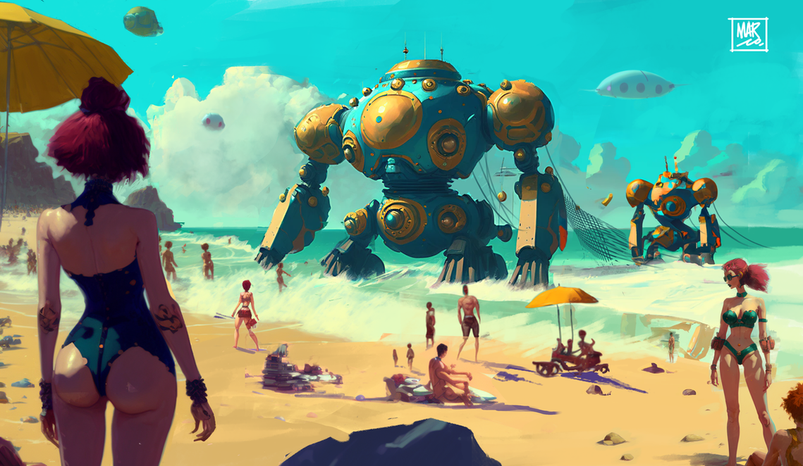 Final image with people at the beach, robots trawling for fish and aerial ships on a sunny Summer day
