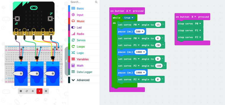 Screen capture of the Microbit MakeCode website showing the code written to control servos.
