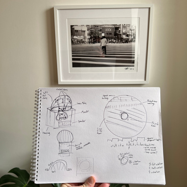 Person holding up a sketchpad with drawings on it in front of a black and white photograph. 