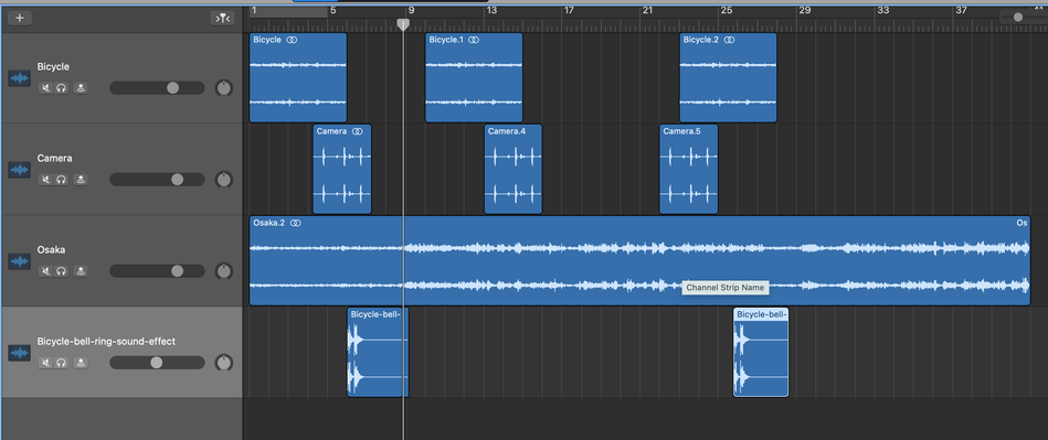 Screen capture of the GarageBand application showing four different tracks and the frequencies.