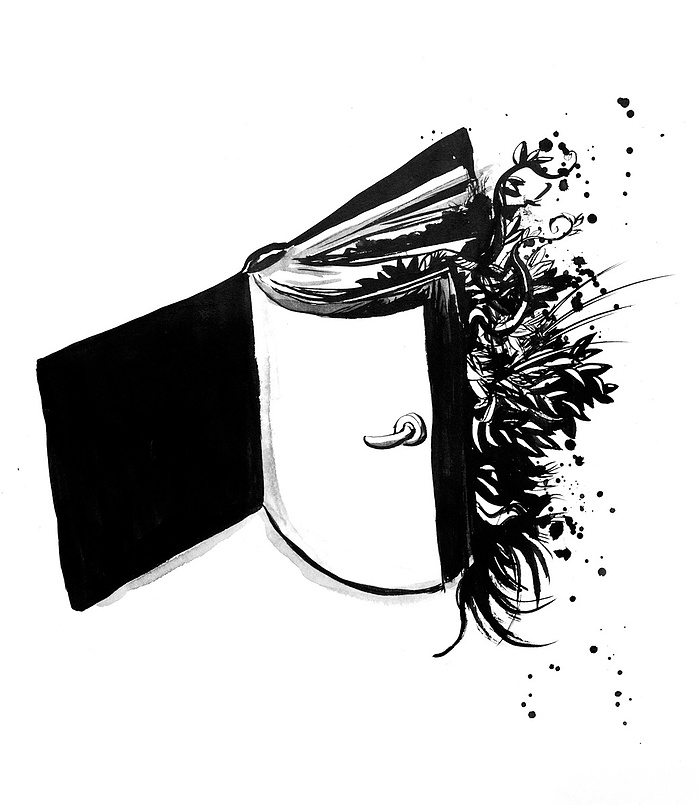 Black and white drawing of an open book