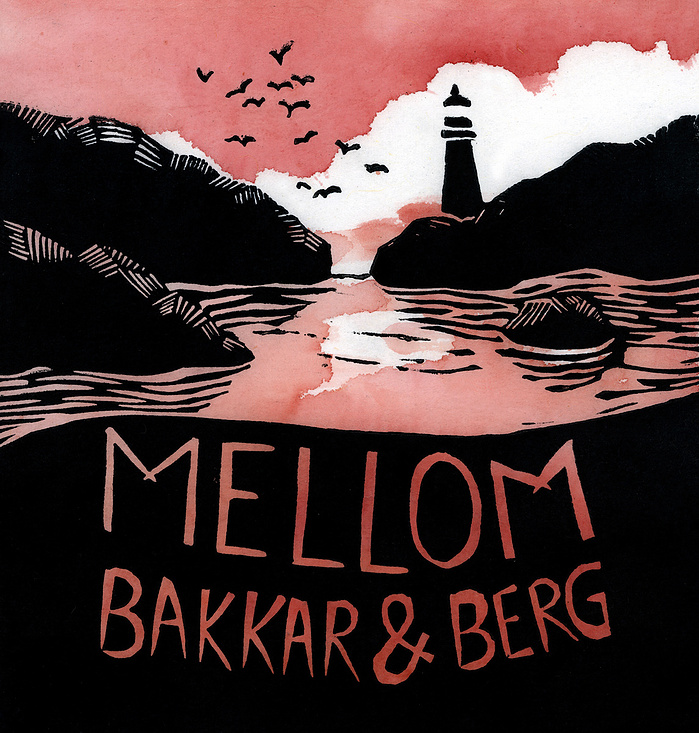 Coastal landscape with seagulls and a lighthouse, and the title "Mellom bakkar og berg"