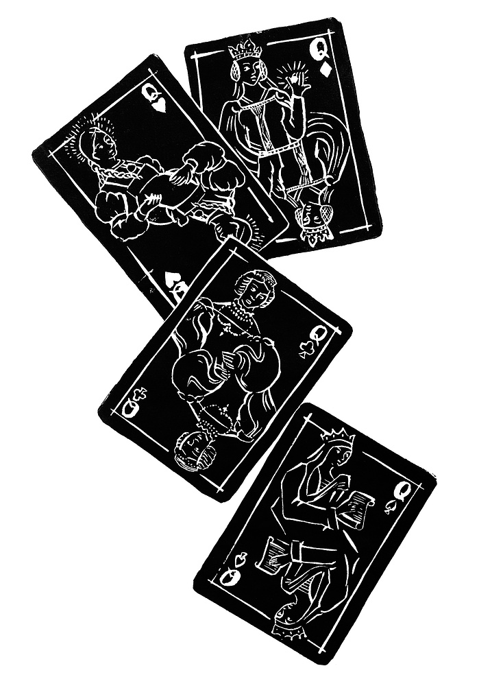 Four black playing cards with queens