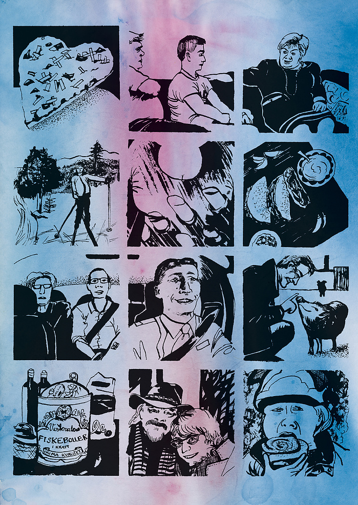 Grid of black drawings of Norwegian politicians