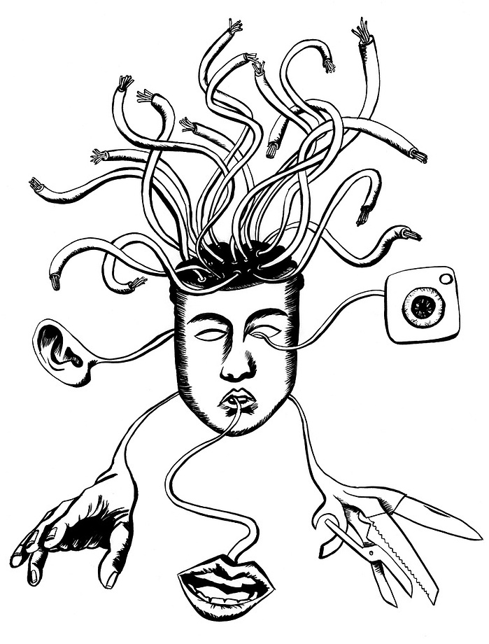 Medusa head with various tools and body parts sticking out from it