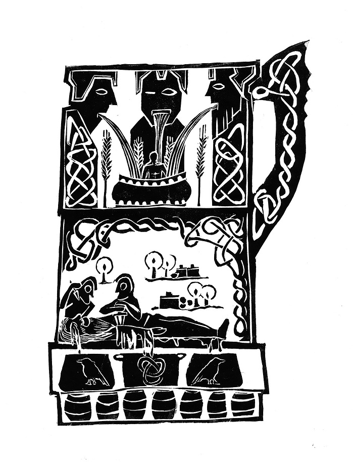 Cross-section of a beer glass with scenes from Norse mythology
