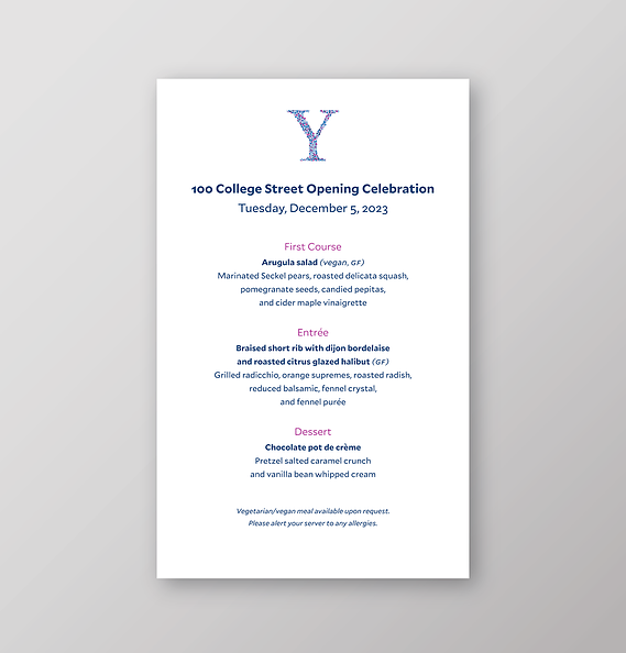 100 College Street opening celebration menu card