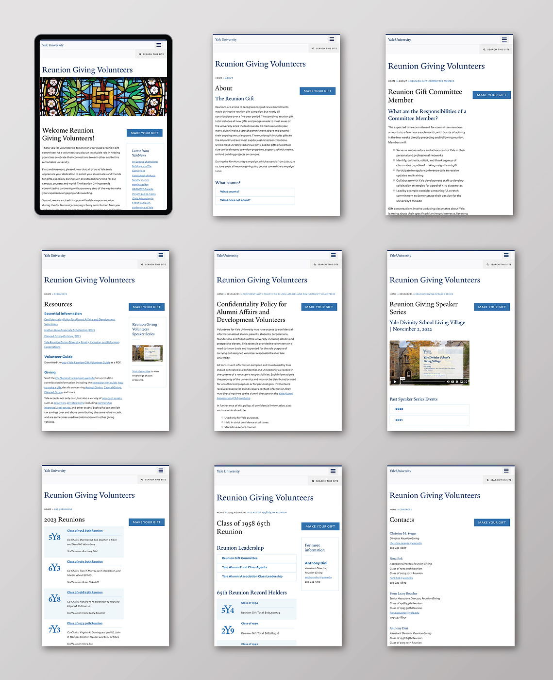 Tablet view of the Reunion Giving Volunteers website
