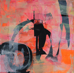 Art automatique et intuitif par Christine Girard artiste professionnelle. toile 20 x 20 pouces. Orange, neutre et noir. toile Unique, force et énergique. 