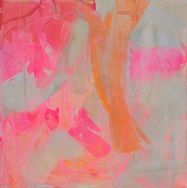 Art abstrait intuitif de Christine Girard. Exposition Galerie Vincent-D'Indy, Boucherville. 2024. Art coloré, énergique, doux. Orange et rose fluo et neutre. Art contemporain. Artiste professionnelle. Dimensions 20 x 20 pouces.