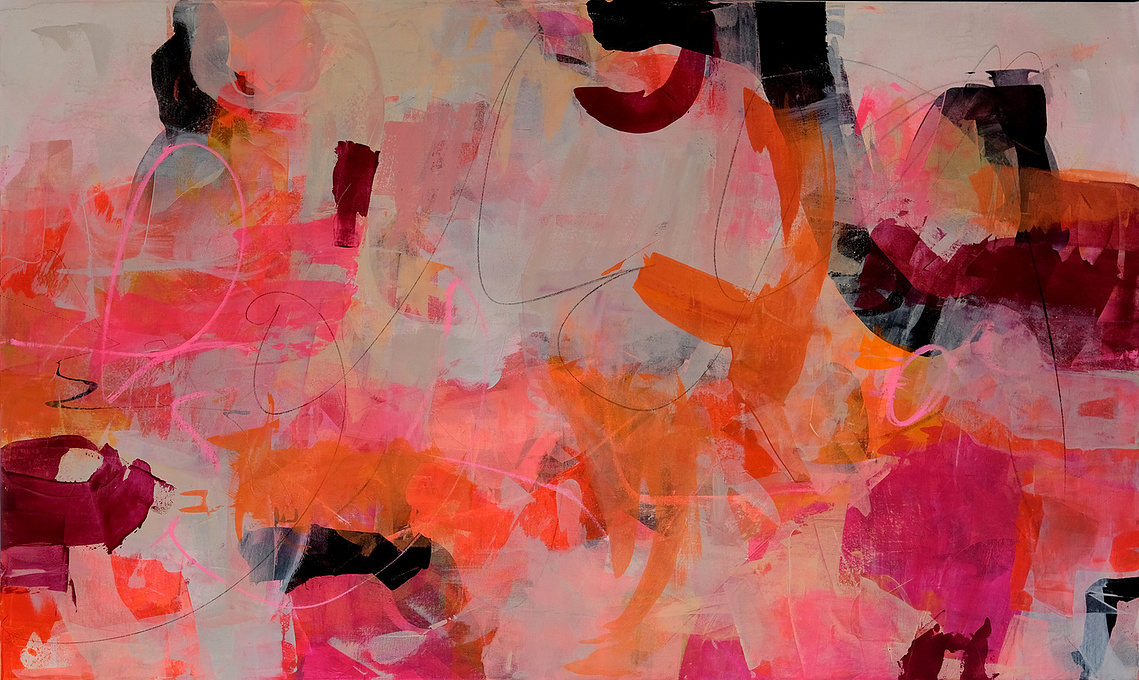 Art abstrait intuitif de Christine Girard. Exposition Galerie Vincent-D'Indy, Boucherville. 2024. Art coloré, énergique, puissant. Orange et rose fluo, noir et neutre. Art contemporain grand format. Artiste professionnelle. Dimensions L60 x H36 pouces.