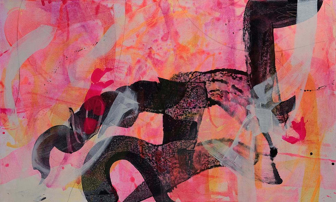 Triptyque. Toile no 1. Art automatique. Art abstrait intuitif par Christine Girard Artiste professionnelle. Couleurs fluos, rose, orange, noir et neutre. Art contemporain.
Dimensions H36 x L60 pouces.  toile puissante et énergique.